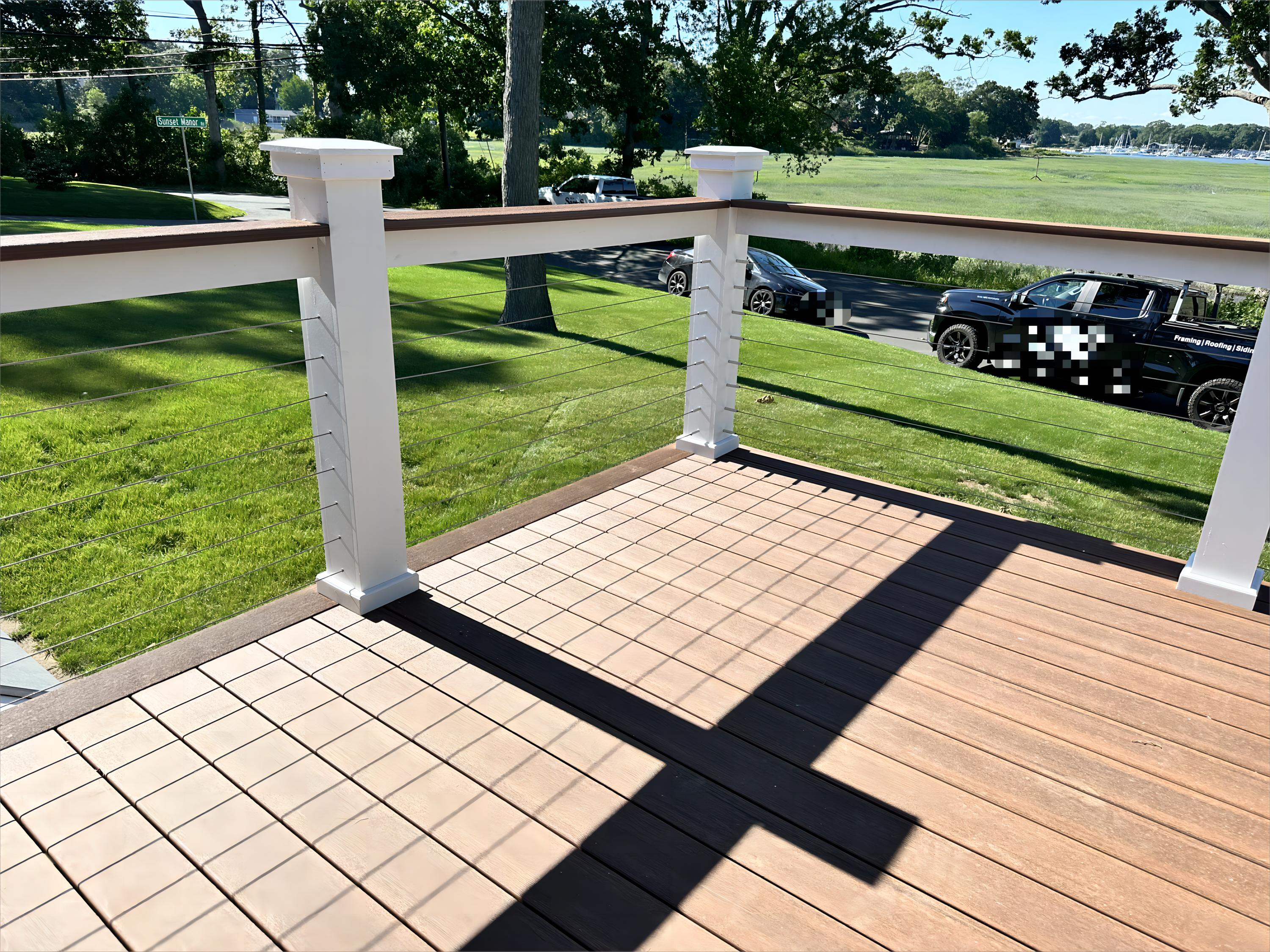 Angled view of the completed cable railing run.